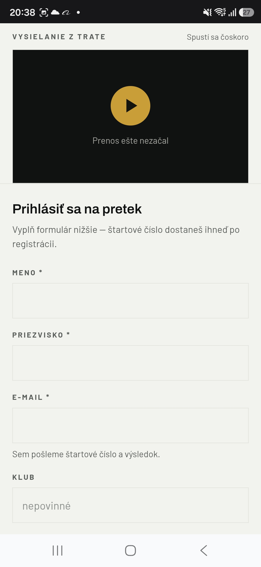 Pretekár vyplní svoje údaje