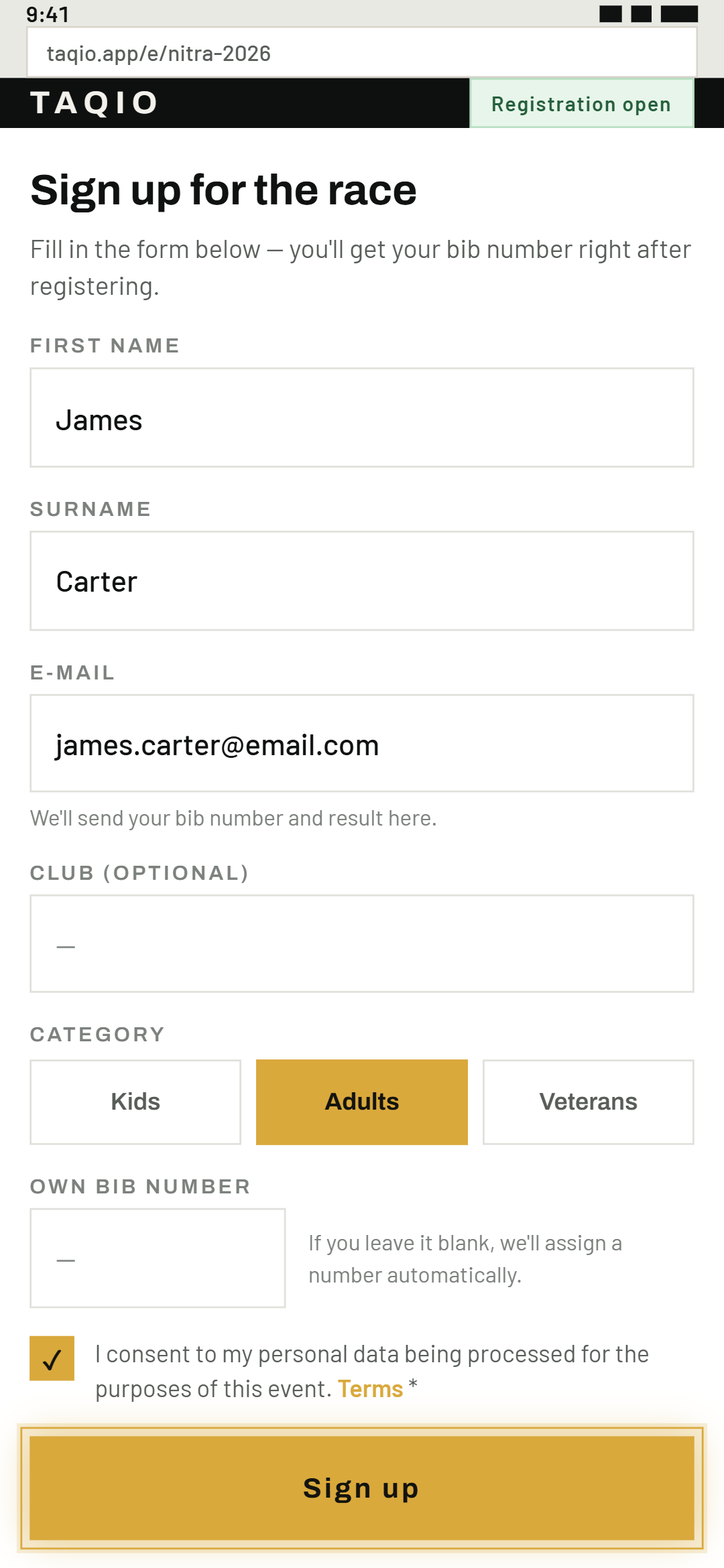 The participant fills in their details
