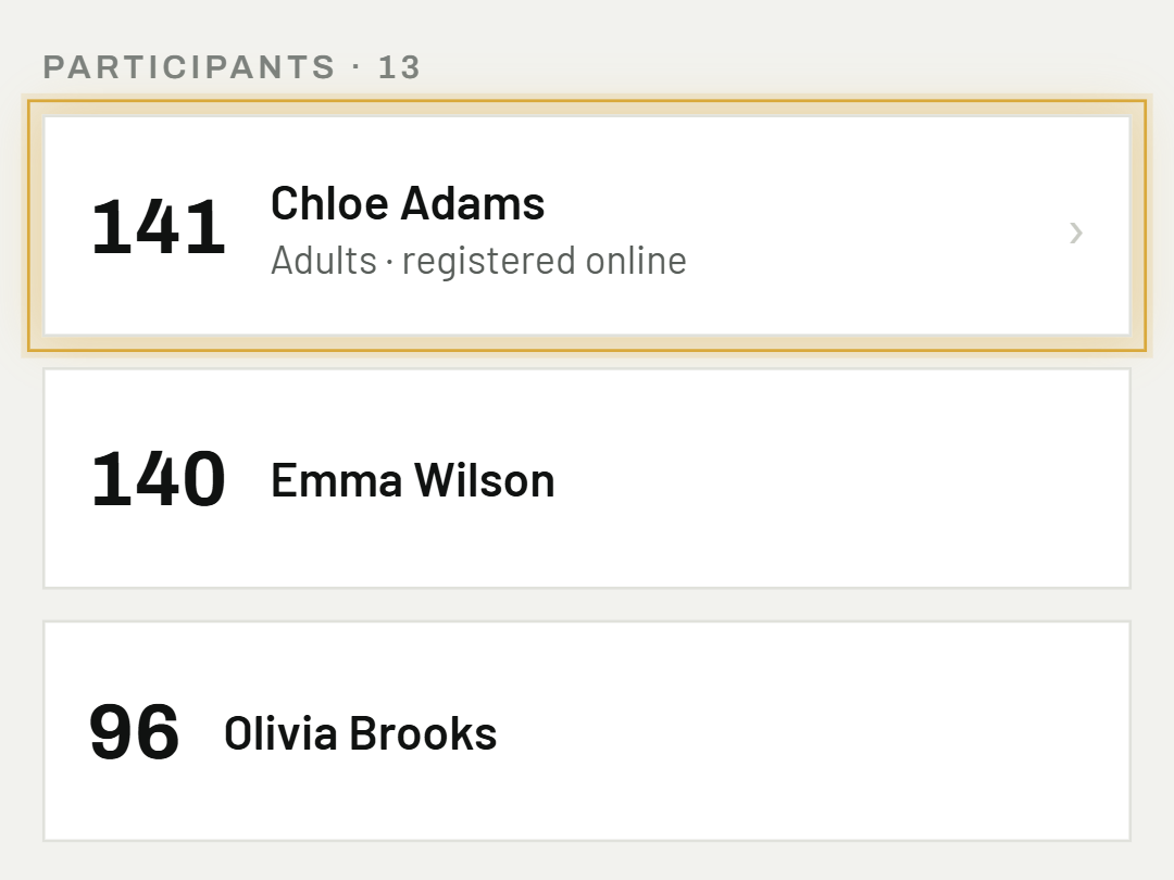 A bib number is assigned automatically