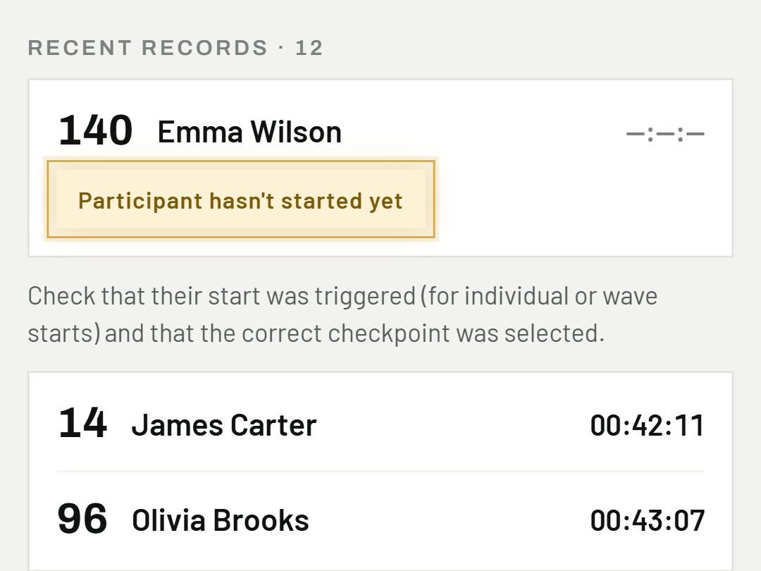 A participant's time wasn't recorded